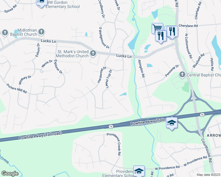 map of restaurants, bars, coffee shops, grocery stores, and more near 1501 Laurel Top Drive in Midlothian