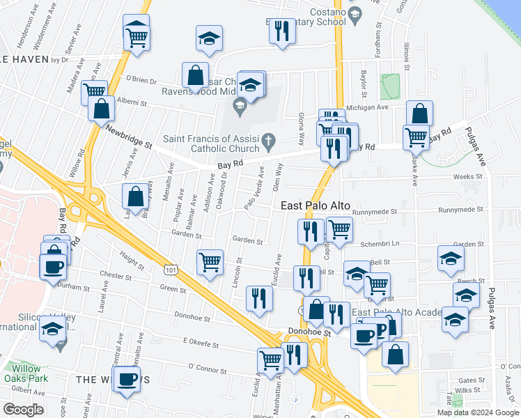 map of restaurants, bars, coffee shops, grocery stores, and more near 430 Runnymede Street in East Palo Alto