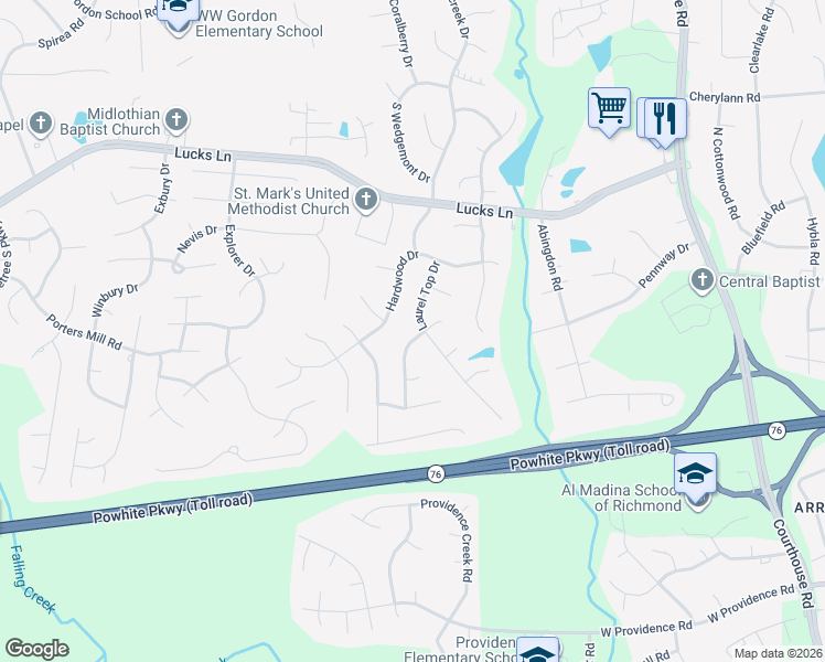 map of restaurants, bars, coffee shops, grocery stores, and more near 1430 Laurel Top Drive in Midlothian