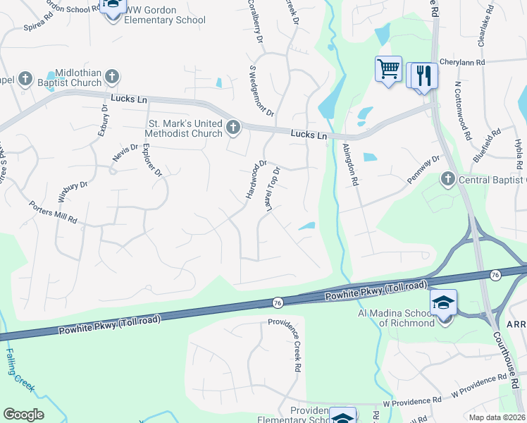 map of restaurants, bars, coffee shops, grocery stores, and more near 1430 Laurel Top Drive in Midlothian