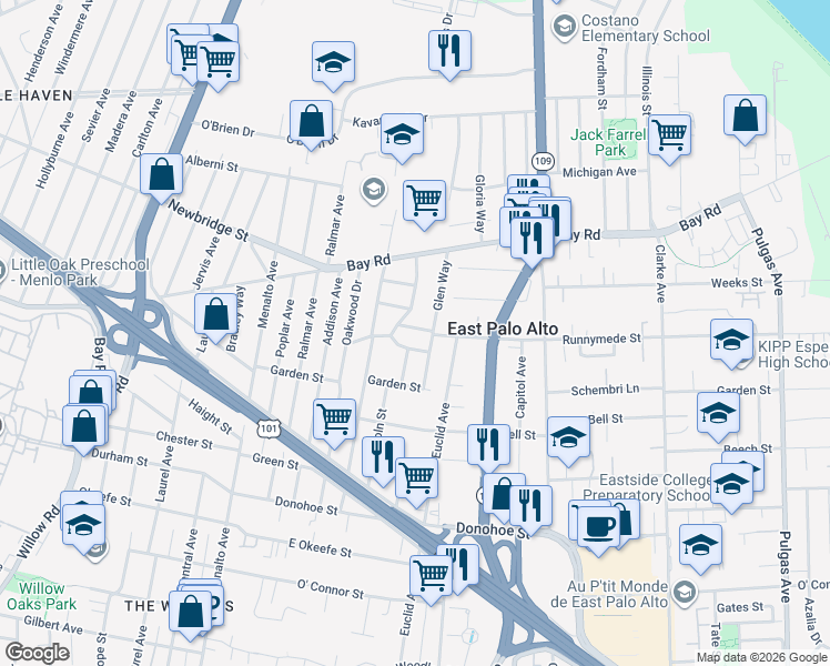 map of restaurants, bars, coffee shops, grocery stores, and more near 430 Runnymede Street in East Palo Alto