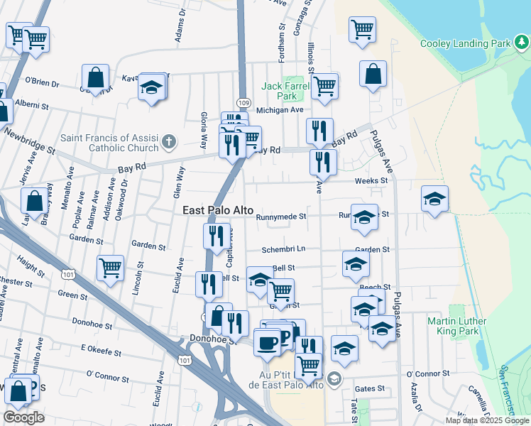 map of restaurants, bars, coffee shops, grocery stores, and more near 766 Runnymede Street in East Palo Alto