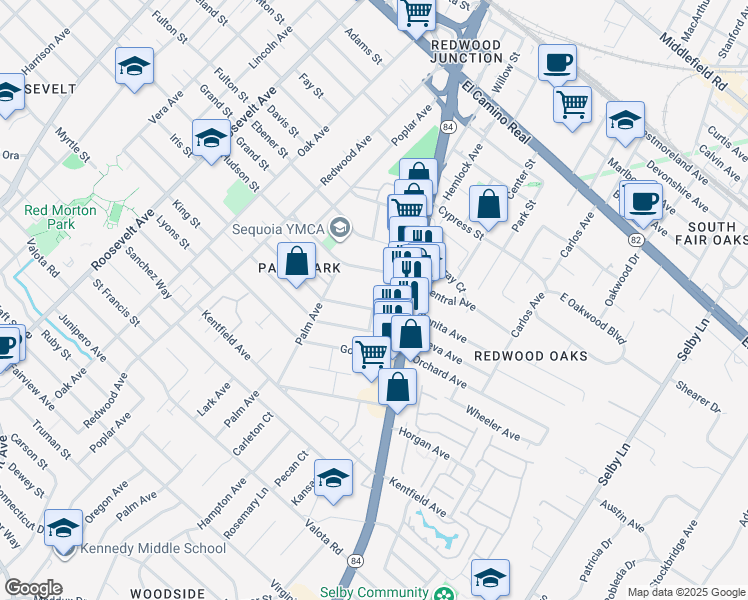 map of restaurants, bars, coffee shops, grocery stores, and more near 1555 Oxford Street in Redwood City