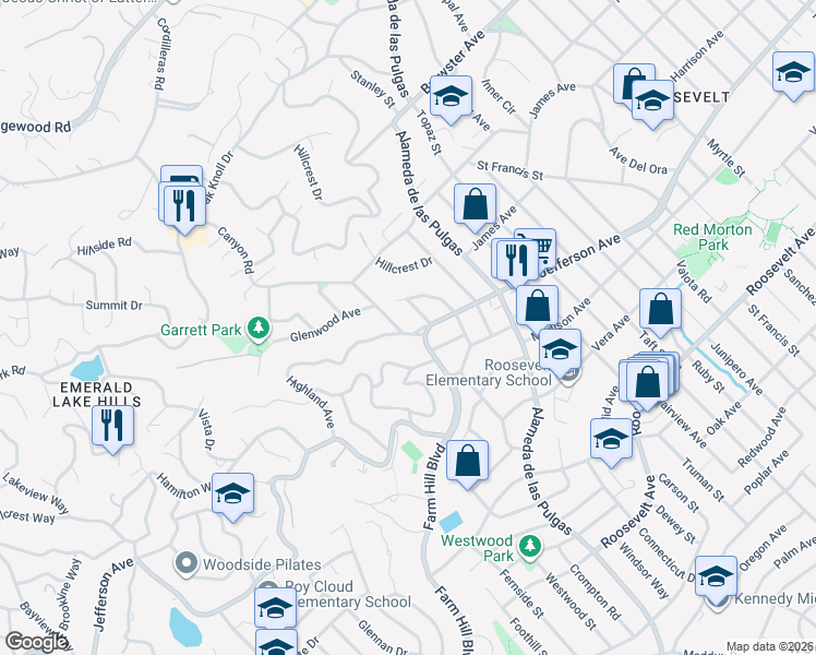 map of restaurants, bars, coffee shops, grocery stores, and more near 831 Canyon Road in Redwood City