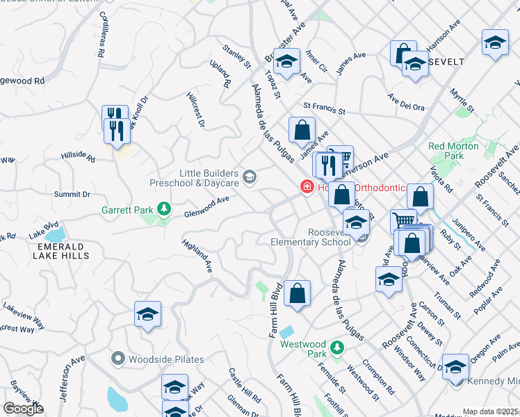 map of restaurants, bars, coffee shops, grocery stores, and more near 831 Canyon Road in Redwood City