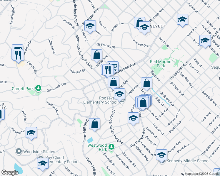 map of restaurants, bars, coffee shops, grocery stores, and more near 700 Windsor Way in Redwood City