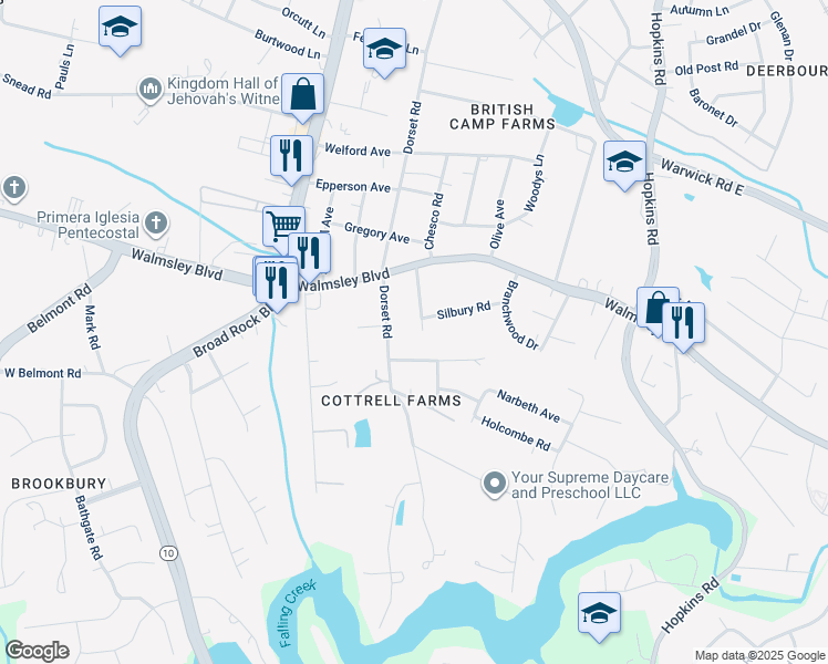 map of restaurants, bars, coffee shops, grocery stores, and more near 3608 Woodmere Drive in Richmond