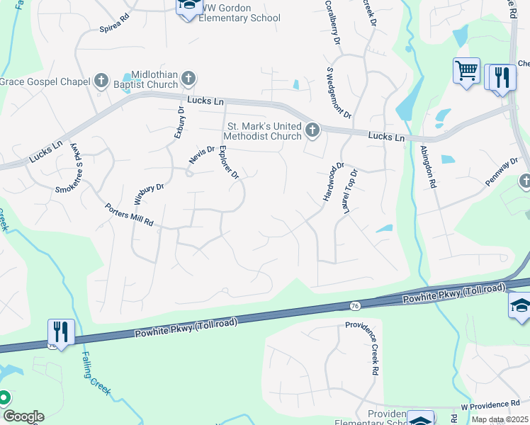map of restaurants, bars, coffee shops, grocery stores, and more near 1400 Hardwood Place in Midlothian