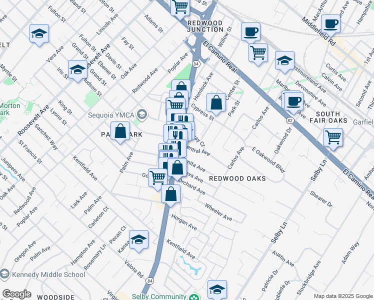 map of restaurants, bars, coffee shops, grocery stores, and more near 34 Central Avenue in Redwood City