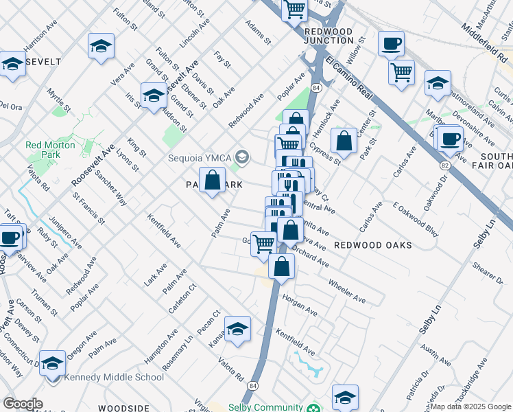map of restaurants, bars, coffee shops, grocery stores, and more near 1555 Oxford Street in Redwood City