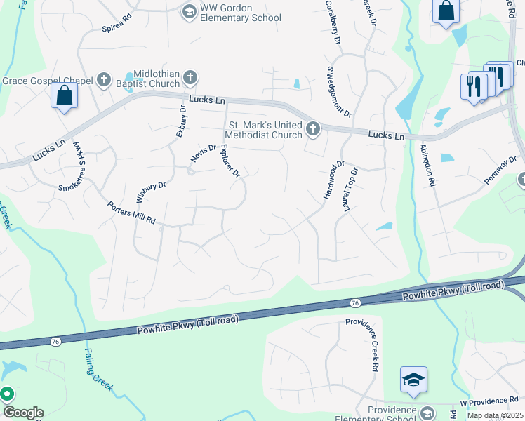 map of restaurants, bars, coffee shops, grocery stores, and more near 1400 Hardwood Place in Midlothian