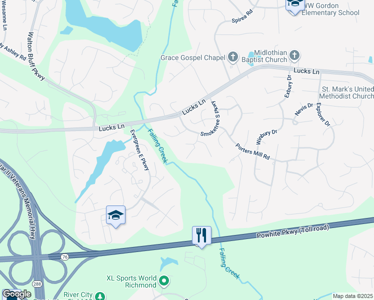 map of restaurants, bars, coffee shops, grocery stores, and more near 1519 Mansfield Landing in Midlothian