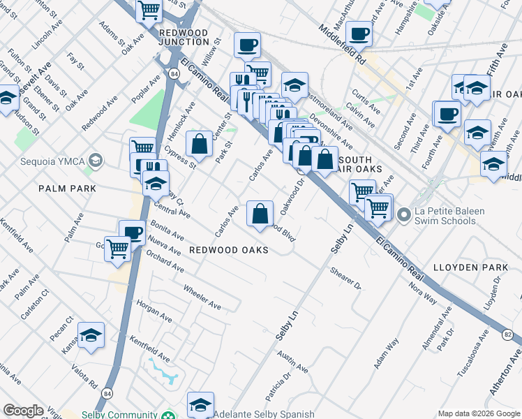map of restaurants, bars, coffee shops, grocery stores, and more near 255 East Oakwood Boulevard in Redwood City