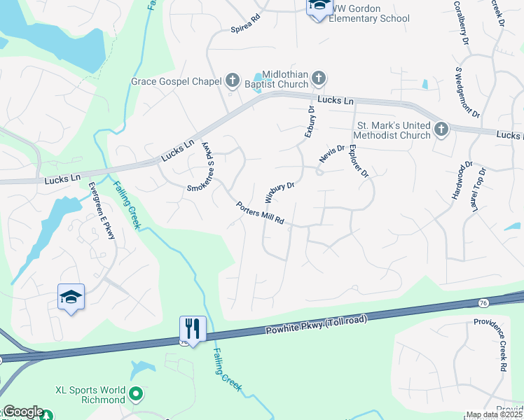 map of restaurants, bars, coffee shops, grocery stores, and more near 1586 Winbury Drive in Midlothian