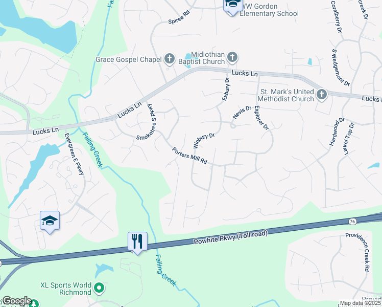 map of restaurants, bars, coffee shops, grocery stores, and more near 1586 Winbury Drive in Midlothian