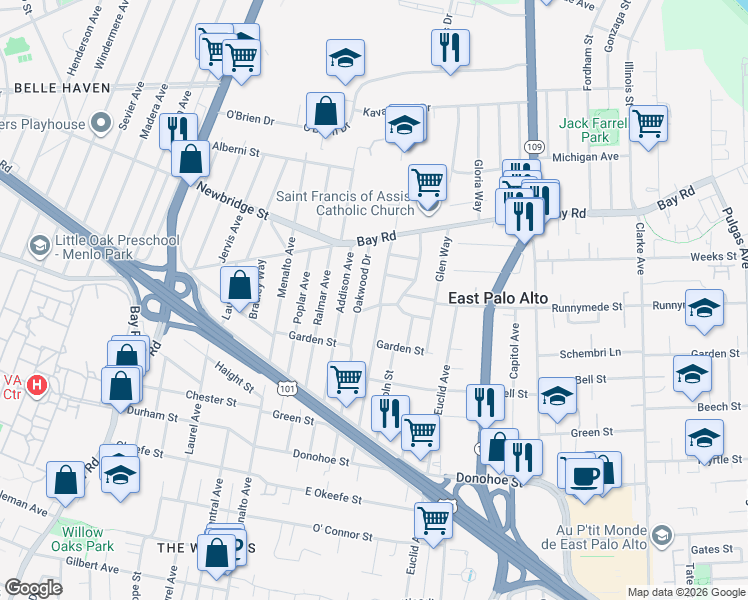 map of restaurants, bars, coffee shops, grocery stores, and more near 2318 Palo Verde Avenue in East Palo Alto