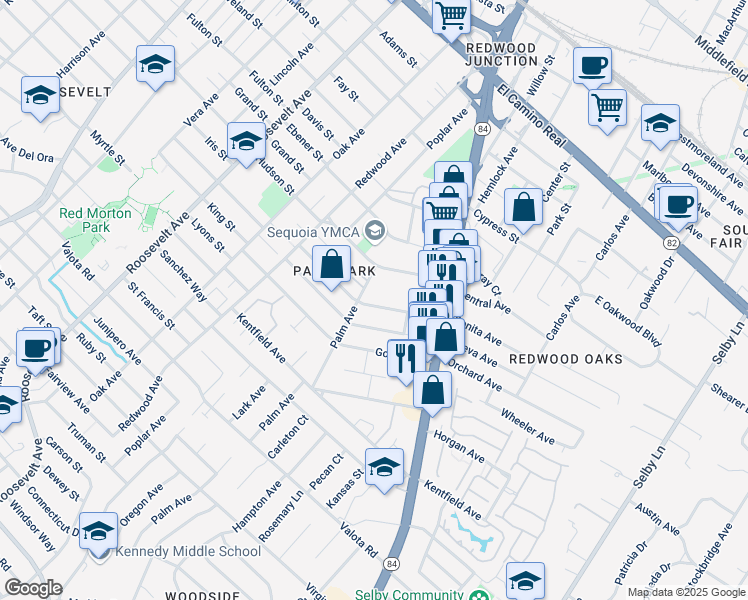 map of restaurants, bars, coffee shops, grocery stores, and more near 1506 Oxford Street in Redwood City