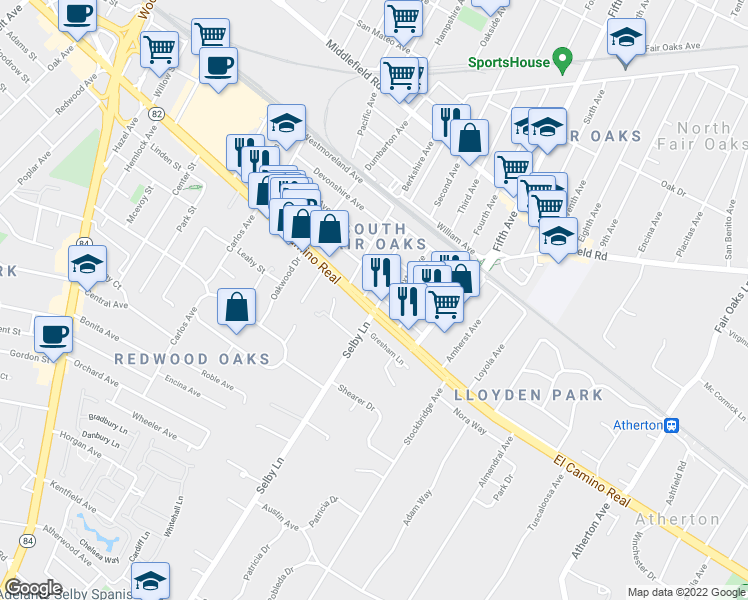 map of restaurants, bars, coffee shops, grocery stores, and more near 2991 El Camino Real in Redwood City
