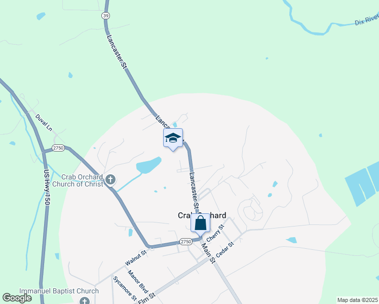map of restaurants, bars, coffee shops, grocery stores, and more near Lancaster Street in Crab Orchard