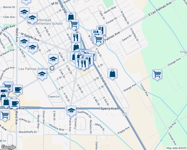 map of restaurants, bars, coffee shops, grocery stores, and more near 212 South 3rd Street in Patterson