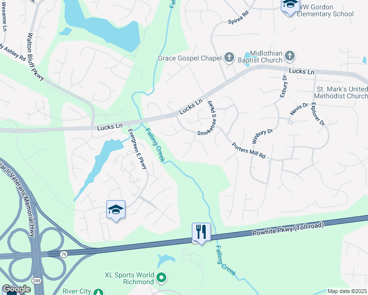 map of restaurants, bars, coffee shops, grocery stores, and more near 1519 Mansfield Landing in Midlothian