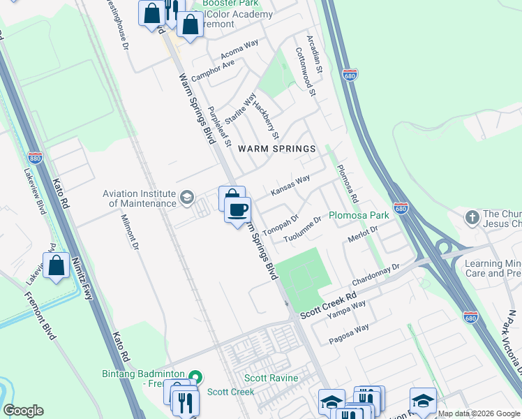 map of restaurants, bars, coffee shops, grocery stores, and more near 130 Ottawa Way in Fremont