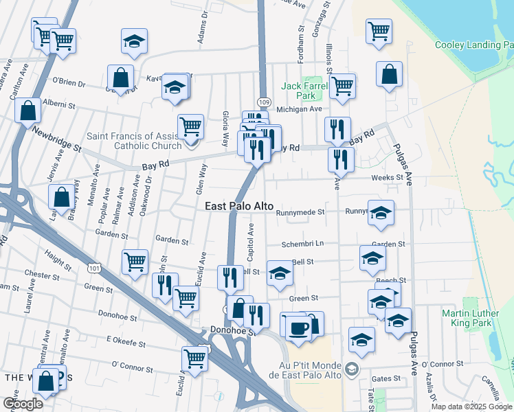 map of restaurants, bars, coffee shops, grocery stores, and more near 2301 Cooley Avenue in East Palo Alto