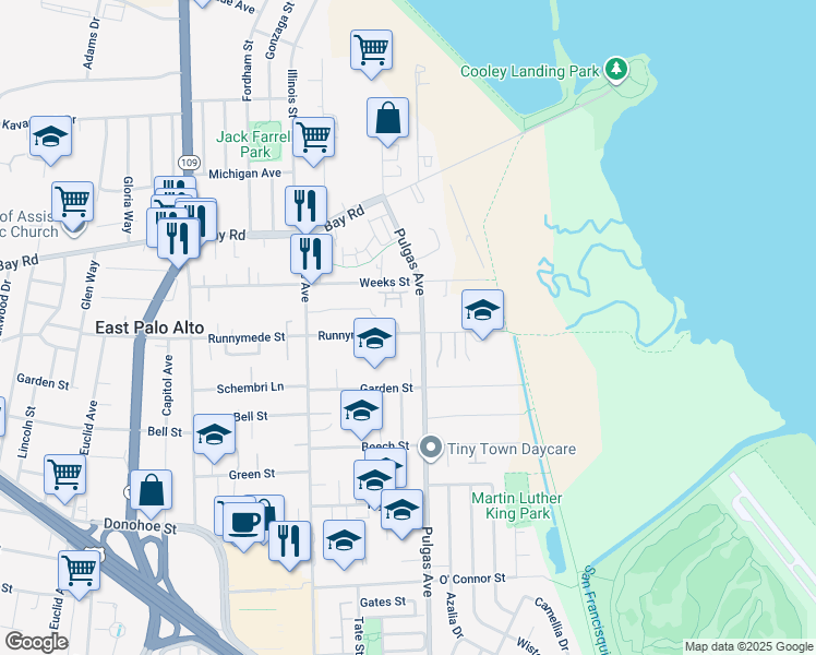 map of restaurants, bars, coffee shops, grocery stores, and more near 1065 Runnymede Street in East Palo Alto