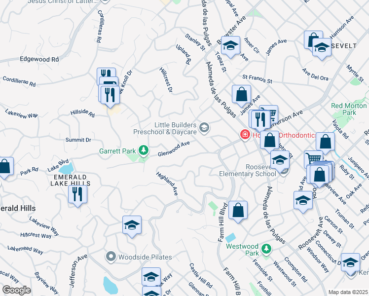 map of restaurants, bars, coffee shops, grocery stores, and more near 3548 Highland Avenue in Redwood City