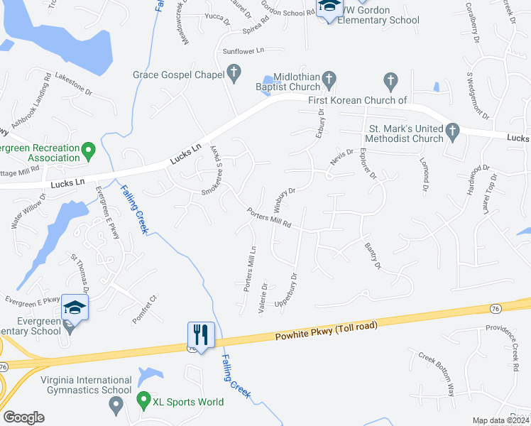 map of restaurants, bars, coffee shops, grocery stores, and more near 1607 Porters Mill Road in Midlothian