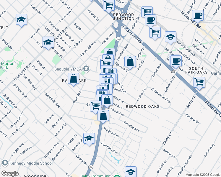 map of restaurants, bars, coffee shops, grocery stores, and more near 34 Central Avenue in Redwood City