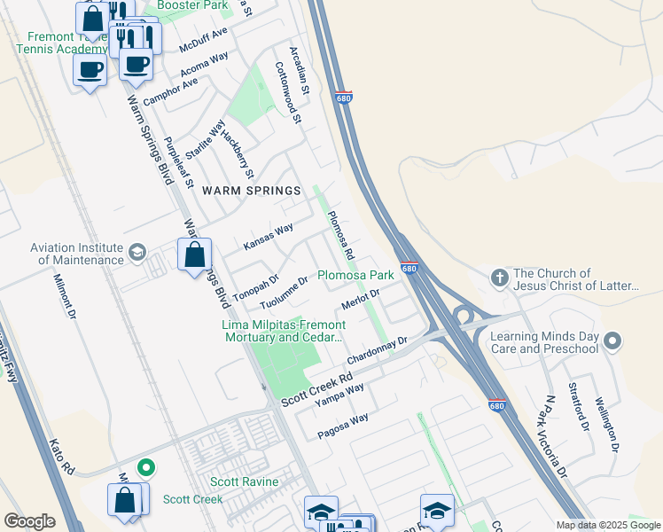 map of restaurants, bars, coffee shops, grocery stores, and more near 48760 Sedum Road in Fremont