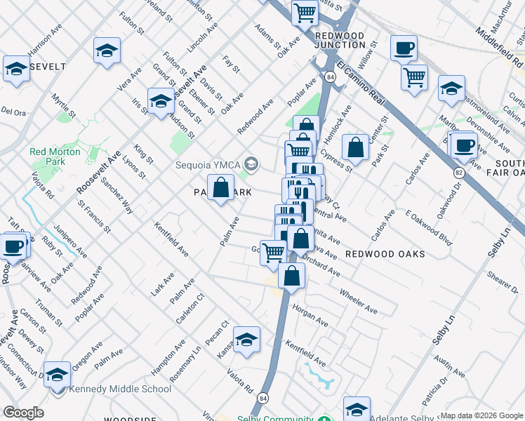 map of restaurants, bars, coffee shops, grocery stores, and more near 1555 Oxford Street in Redwood City