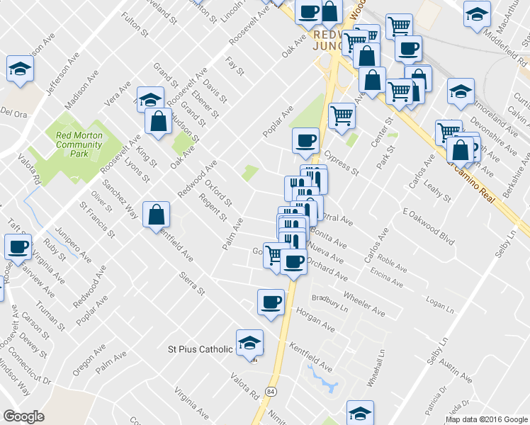 map of restaurants, bars, coffee shops, grocery stores, and more near 1555 Oxford Street in Redwood City