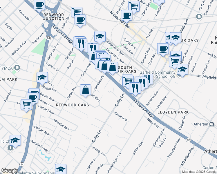 map of restaurants, bars, coffee shops, grocery stores, and more near 94 Renato Court in Redwood City