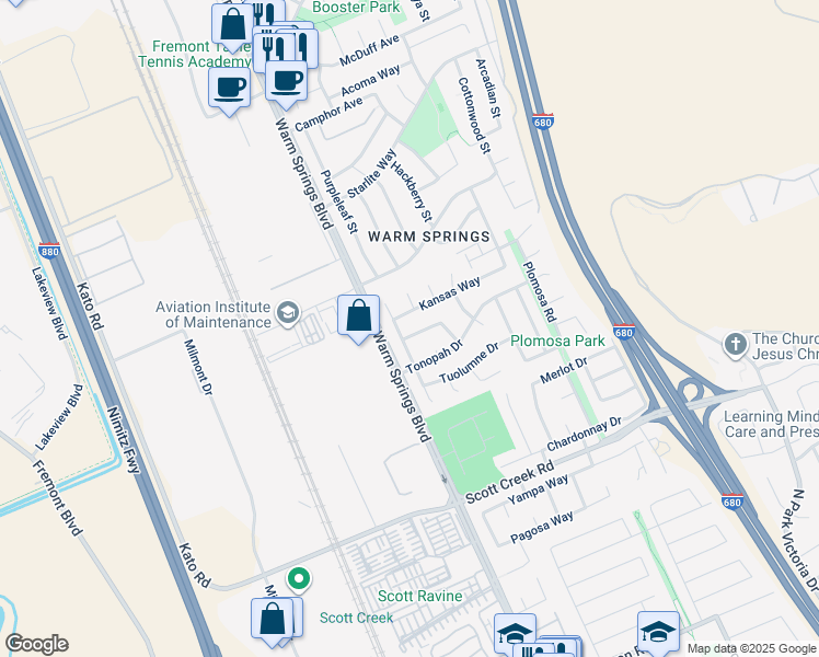 map of restaurants, bars, coffee shops, grocery stores, and more near 144 Ottawa Way in Fremont