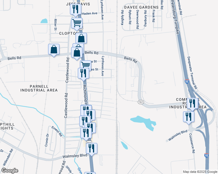 map of restaurants, bars, coffee shops, grocery stores, and more near 2403 Flint Street in Richmond