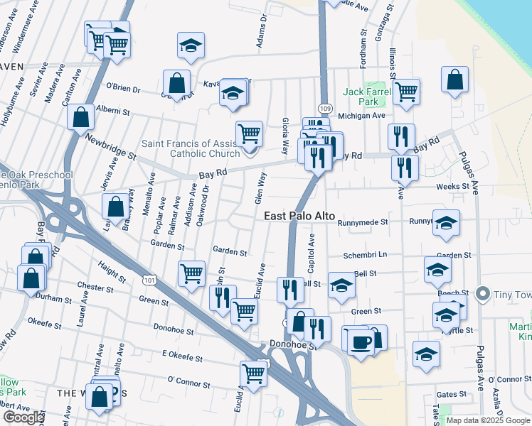 map of restaurants, bars, coffee shops, grocery stores, and more near 505 Runnymede Street in East Palo Alto