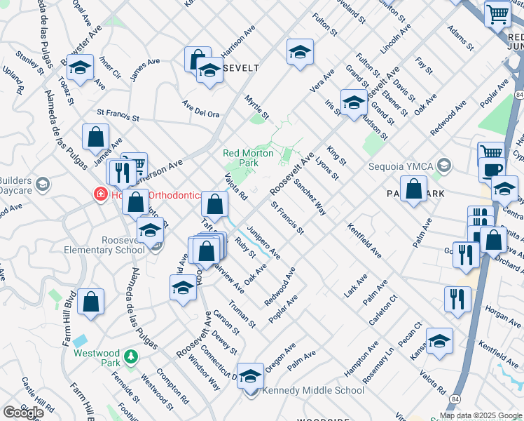 map of restaurants, bars, coffee shops, grocery stores, and more near 1105 Valota Road in Redwood City