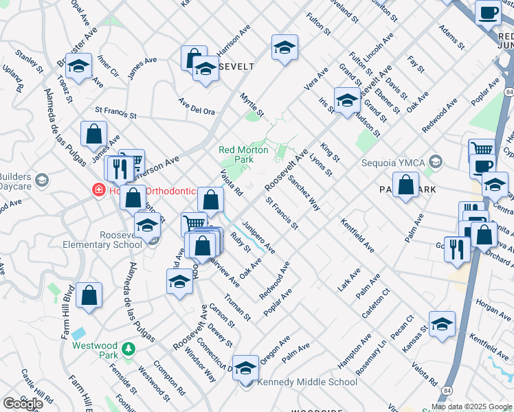 map of restaurants, bars, coffee shops, grocery stores, and more near 1105 Valota Road in Redwood City