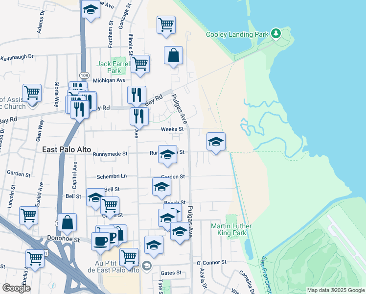 map of restaurants, bars, coffee shops, grocery stores, and more near 1065 Runnymede Street in East Palo Alto