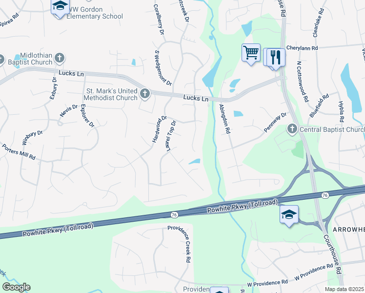 map of restaurants, bars, coffee shops, grocery stores, and more near 1403 Laurel Top Court in Midlothian