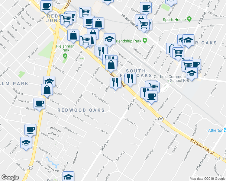 map of restaurants, bars, coffee shops, grocery stores, and more near 94 Renato Court in Redwood City