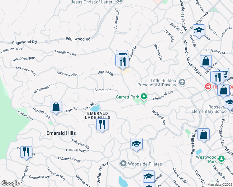 map of restaurants, bars, coffee shops, grocery stores, and more near 590 Summit Drive in Emerald Hills