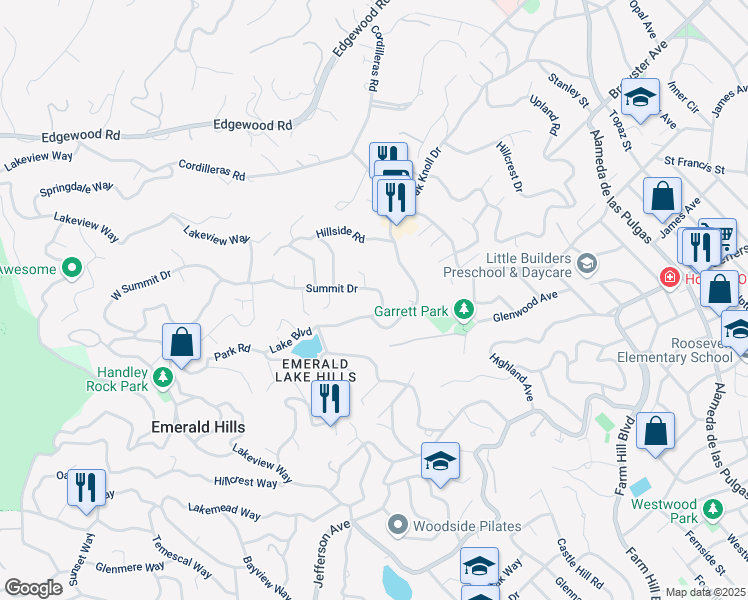 map of restaurants, bars, coffee shops, grocery stores, and more near 590 Summit Drive in Emerald Hills