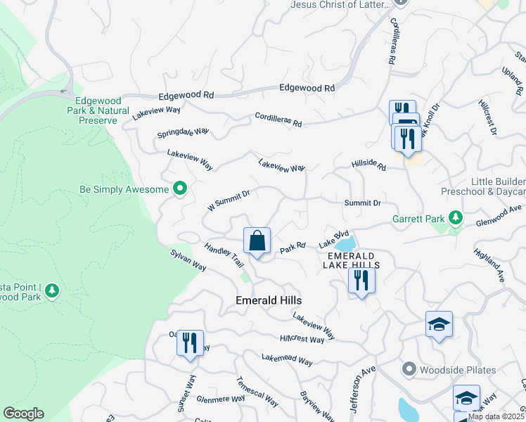 map of restaurants, bars, coffee shops, grocery stores, and more near 529 Lakeview Way in Emerald Hills