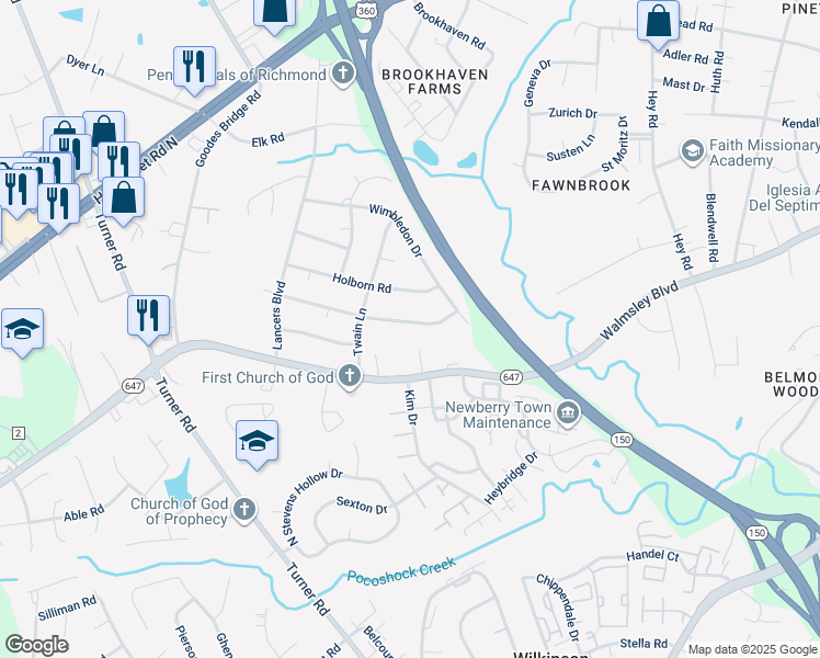 map of restaurants, bars, coffee shops, grocery stores, and more near 6401 Commander Road in Richmond
