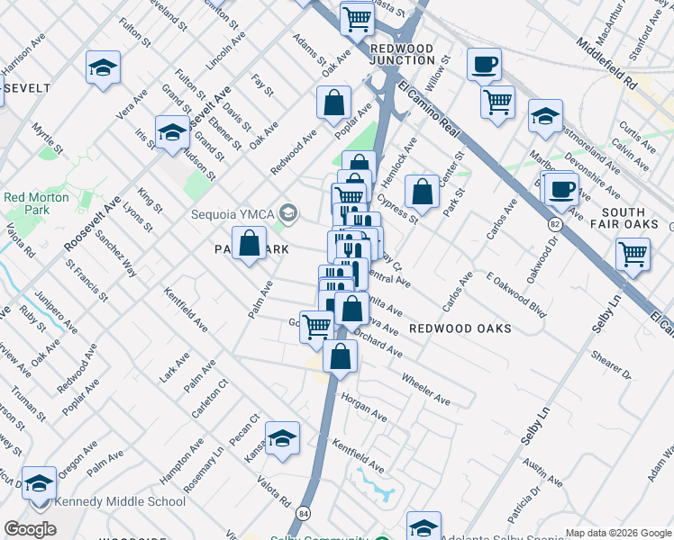map of restaurants, bars, coffee shops, grocery stores, and more near 1619 Oxford Street in Redwood City
