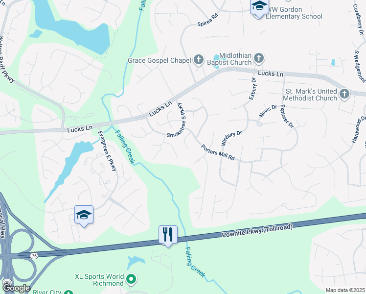 map of restaurants, bars, coffee shops, grocery stores, and more near 1512 Porters Mill Court in Midlothian