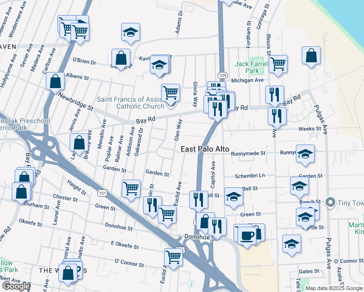 map of restaurants, bars, coffee shops, grocery stores, and more near 505 Runnymede Street in East Palo Alto